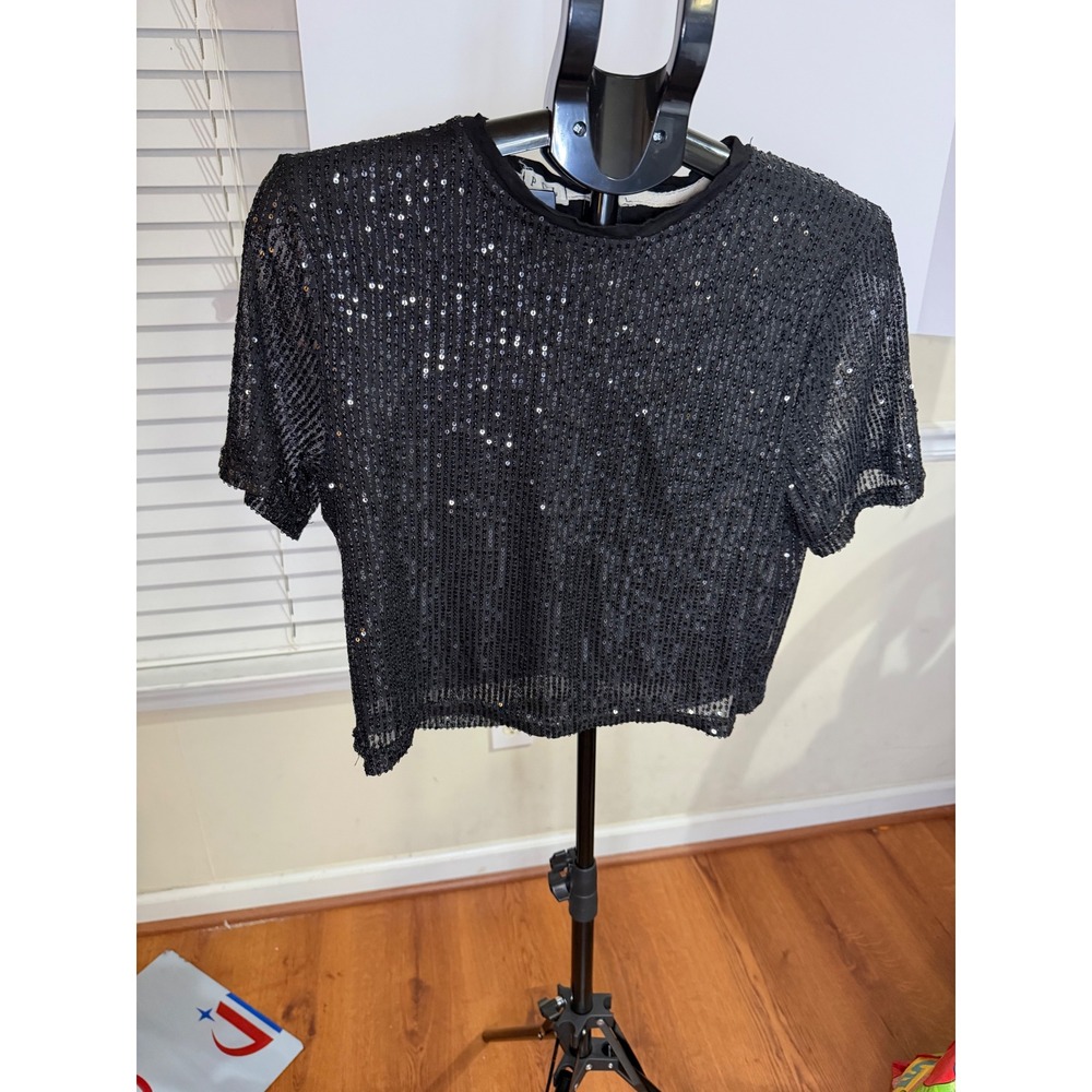 POL Womens Black Sequin Short Sleeve Mesh Top Crew Neck Back Zip SMT2013 Large